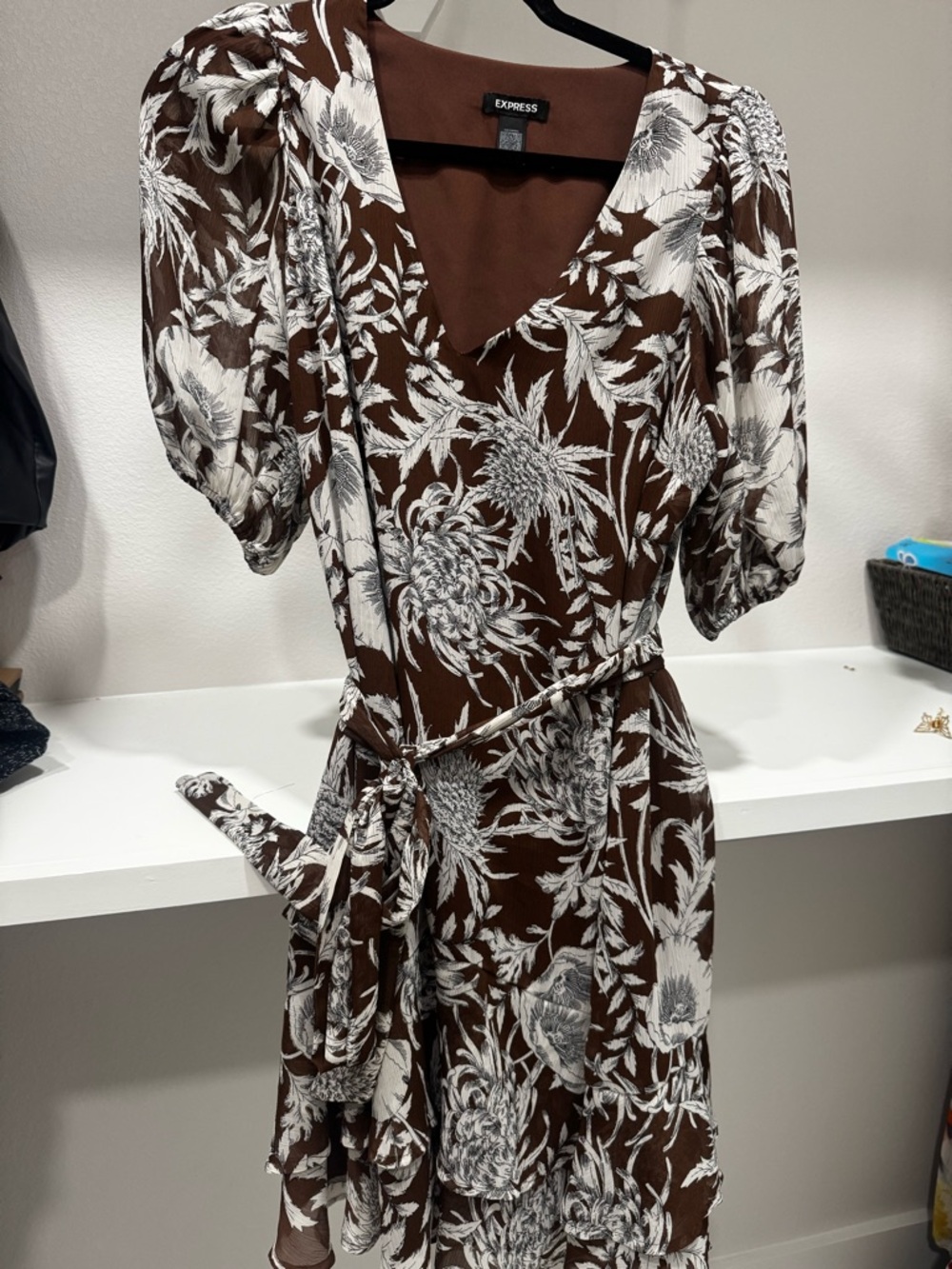 Express Brown Floral Midi Wrap Dress with White Print